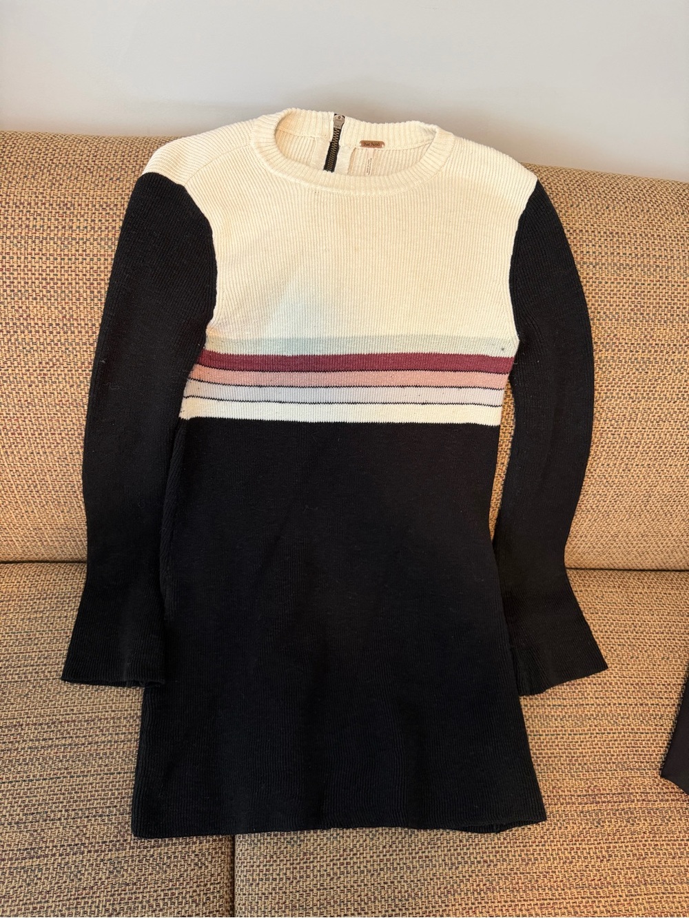 Free People Black and Cream Striped Knit Mini Dress